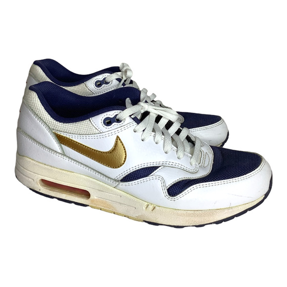 Nike Shoes Mens 9 White Blue Gold Air Max 1 Essential Olympic 2015 Swoosh 537383 - Picture 1 of 11